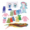 Dress-up dolly kit parts: string, card clothing pieces, figure card and instruction sheet