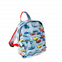 Mini children's backpack in light blue with red trim and print of vintage cars and other vehicles