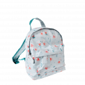 Mini children's backpack in pale aqua with teal trim and print of dancing mouse characters Mimi and Milo front view