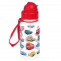Children's water bottle with vintage cars and vehicles print, red lid and red carry strap
