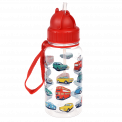 Children's water bottle with vintage cars and vehicles print showing straw