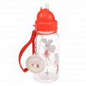 Children's water bottle with mouse characters Mimi & Milo print, red lid and red carry strap