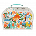 Cardboard storage case in white with colourful wild animal print and teal stitching and handle