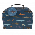 Cardboard storage case in dark blue with sharks print and white stitching and dark blue handle