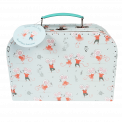 Cardboard storage case in pale aqua with dancing mouse characters print and white stitching and teal handle
