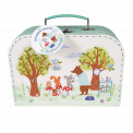 Cardboard storage case in white and pale green with woodland surgery scene print and teal stitching and handle