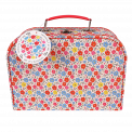 Cardboard storage case in pink with floral print and red stitching and handle