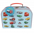 Cardboard storage case in light blue with print of classic cars and other vehicles and red stitching plus handle
