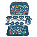 Metal tea party set pieces with carrying case in dark blue