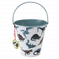 Metal bucket in white and blue-green with print of dinosaurs