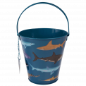 Metal bucket in dark blue with print of sharks