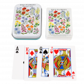 Standard deck of playing cards with print of wild flowers on white background on backs plus metal tin