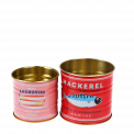 Mini metal storage tins in pink and red with mackerel and anchovy branding