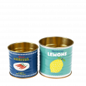 Mini metal storage tins in blue and teal with Moroccan lemons and Rose harissa branding