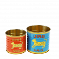 Mini metal storage tins in red and blue with Leopard paprika branding