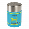 Stainless steel food flask in blue with Leopard Savory Soup branding