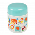 Children's stainless steel food flask in white with print of colourful wild animals and teal lid