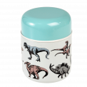 Children's stainless steel food flask in ecru with print of various dinosaurs and teal lid