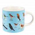 Ceramic mug in light blue and white with print of various garden birds