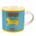 Ceramic mug in white with retro style Leopard Tea branding