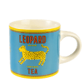 Ceramic mug in white with retro style Leopard Tea branding