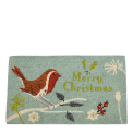 Coir doormat with Christmas print featuring robin perched on tree branch