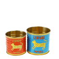 Mini metal storage tins in red and blue with Leopard paprika branding