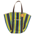 Recycled woven tote bag with canvas handles - Brown, yellow, teal