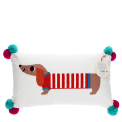 Embroidered cushion with pom poms - Sausage dog