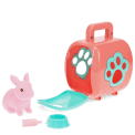 pet carrier with pink rabbit and a blue bowl