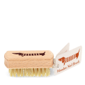 Wooden nail brush with sausage dog printed on the handle and a tag