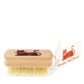 Wooden nail brush with cat printed on the handle and a tag