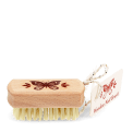 Wooden nail brush with butterfly printed on the handle and a tag