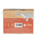Back of model brick kit packaging, showing multilingual product descriptions and safety warnings