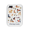 Playing cards with colourful illustrations of dogs printed on a metal tin