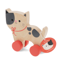 wooden push-along cat toy with red wheels and tag