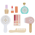 Wooden toy makeup set including mirror, lipstick, nail polish, and perfume.