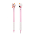 Retractable ballpoint pen in pink showing a cute cat sitting atop