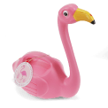 Plastic pink flamingo watering can with a yellow beak.