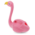 Plastic pink flamingo watering can with a yellow beak.