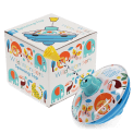 colourful spinning top with animal illustrations and a box