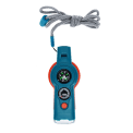 Blue 7-in-1 safety whistle with grey lanyard