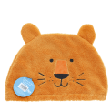 Baby bath hat featuring a lion face with ears, in soft orange fabric with tag