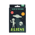 Package of glow-in-the-dark aliens featuring illustrations of planets, a flying saucer, and aliens.