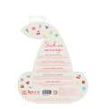 Back of stick-on earrings packaging with colourful icons and multilingual safety warnings.