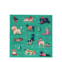 festive friends napkins feature illustrations of different dogs in winter clothing