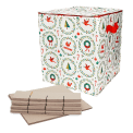 Cube-shaped storage bag with festive Christmas illustrations, featuring a red side handle and flat cardboard inserts in front