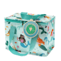 Insulated lunch bag decorated with colourful mermaids and featuring a tag