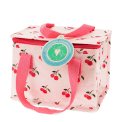 Insulated lunch bag decorated with cherry pattern on a light pink background and featuring a tag