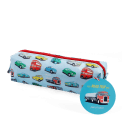 pencil case featuring various vehicles in different colour print with tag 